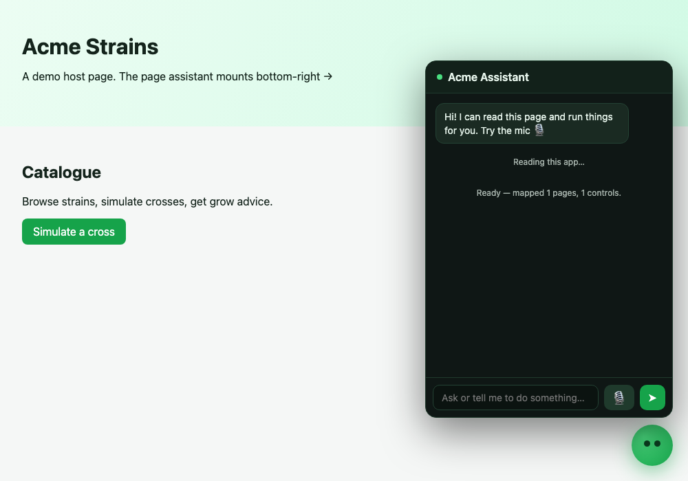 The page assistant widget open on a page